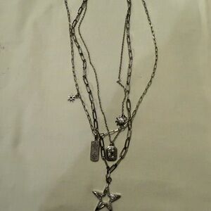 Silver Layered Necklace with Star Pendant and Beaded Chains